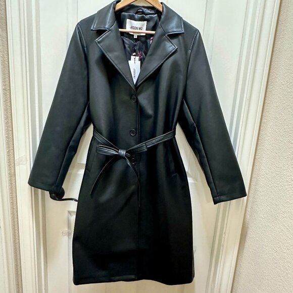 Jason Wu Women's Faux Leather Long Jacket Size M Black Button Closure Belted NEW - Picture 6 of 16